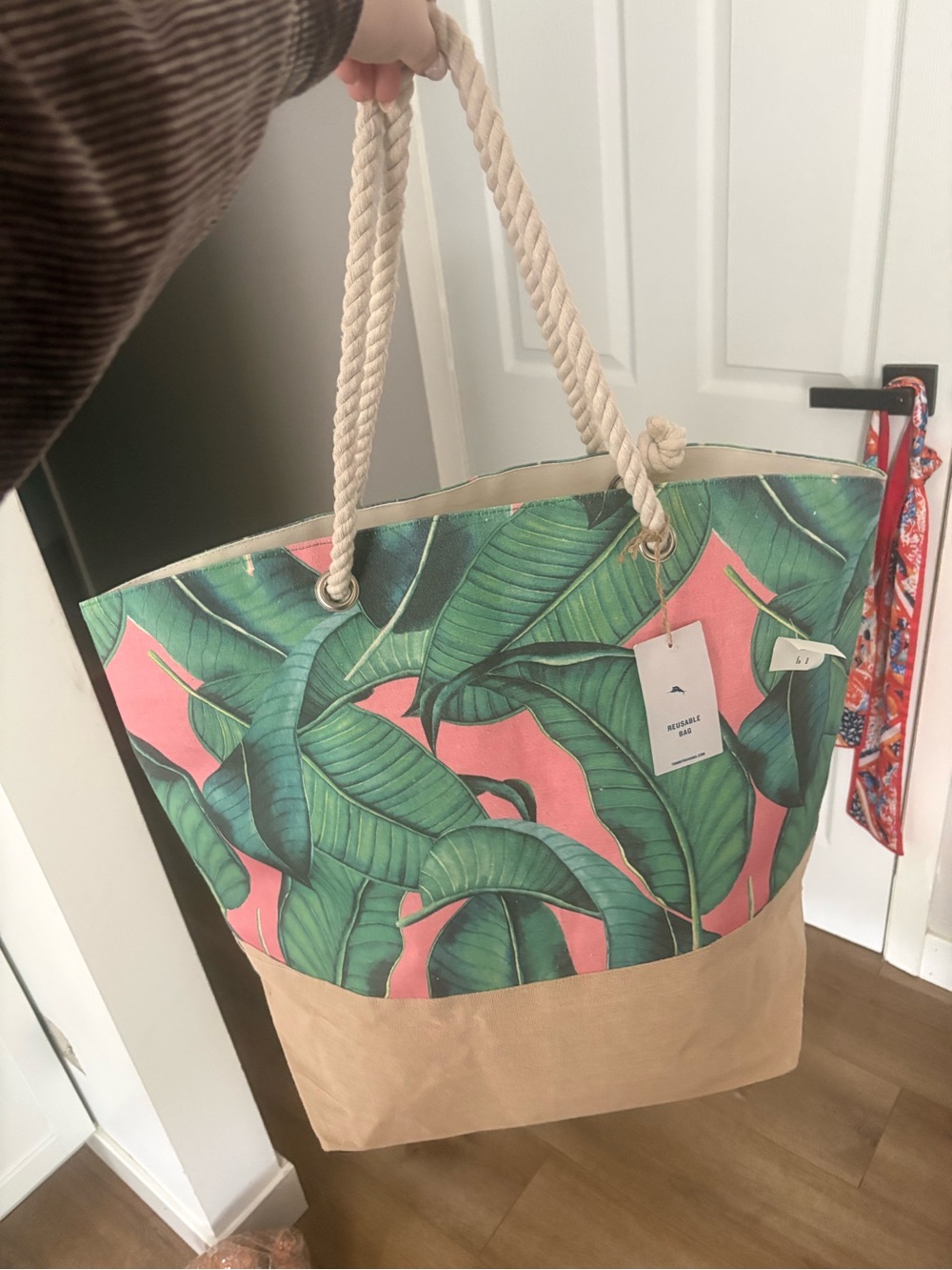 NWT Tommy Bahama Tropical Leaf Canvas Beach Canvas Tote - Pink & Green